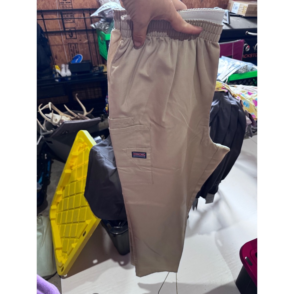 Cherokee Workwear Originals Scrub Pants Khaki Tan Elastic Waist Cargo Women M